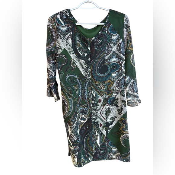 Dress Barn Green and Blue Graphic Dress 3/4 Sleeve - Picture 2 of 4